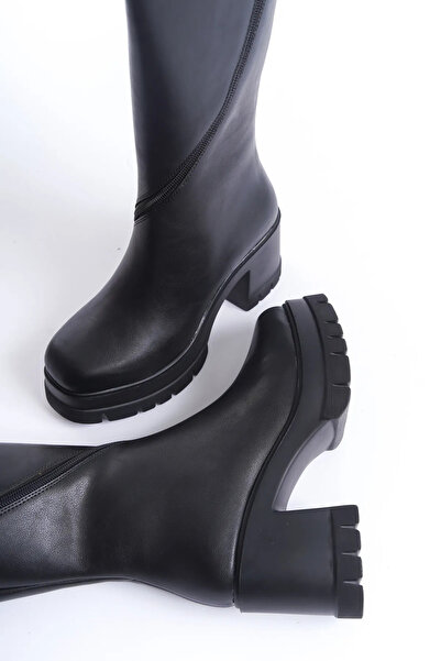 Shoesers Női középsarkú platformcsatos részletes cipzáras bőrcsizma