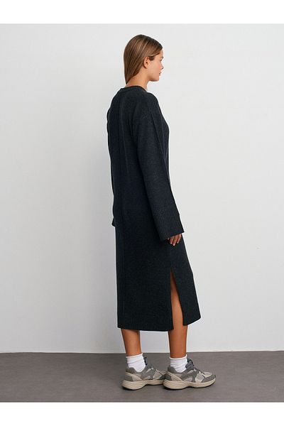 Dilvin 90236 Crew Neck Slit Stitching Detailed Knitwear Dress-Anthracite
