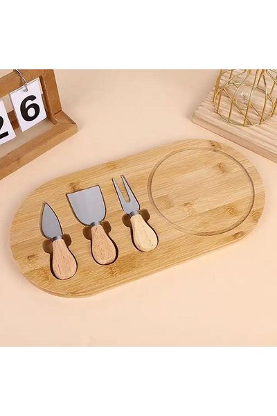 STOREMAX Ntwork Bamboo Cheese Serving Plate, 3 Piece Cheese Knife and Fork Set, Total 4 Pieces, Do