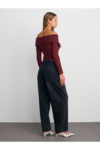 Dilvin 71732 Belted Back Balloon Denim Trousers-Black