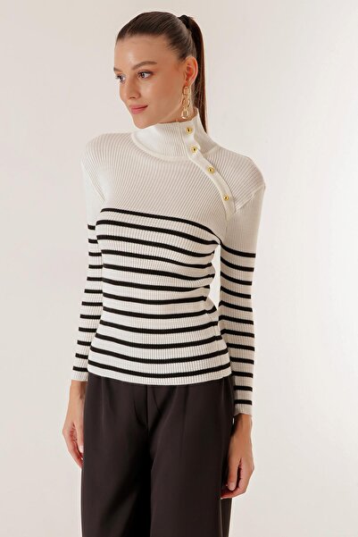 By Saygı Blazer Pulover cu guler rotic cu nasturi cu dungi