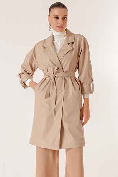 By Saygı Double Breasted Collar Waist Belted Lined Trench Coat