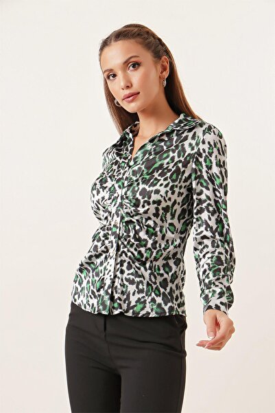 By Saygı Leopard Print Satin Shirt with Gathered Front