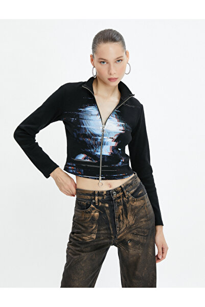 Koton Strickjacke mit Reißverschluss, schmale Passform, Stehkragen, bedruckte Langarm-Baumwolle