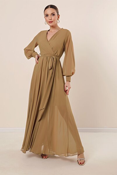 By Saygı Šifonové dlouhé šaty s dvojitým výstřihem a dlouhým rukávem