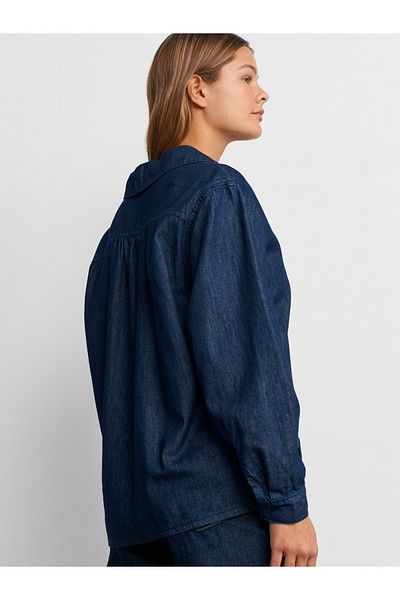 Dilvin 50745 Lace-Up Collar Denim Shirt-Navy Blue