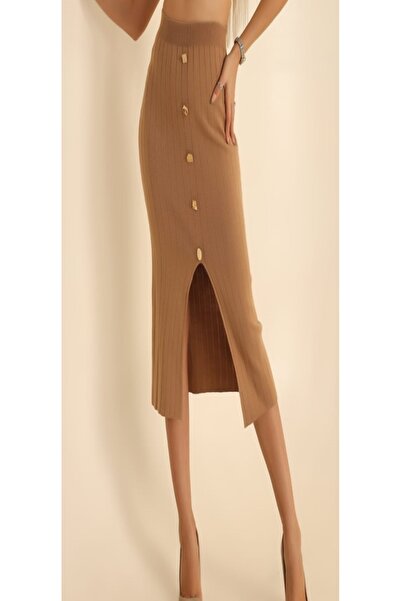 ZY BUTİK Milk Coffee Knitwear Slit Detailed Button Detailed Pencil Skirt