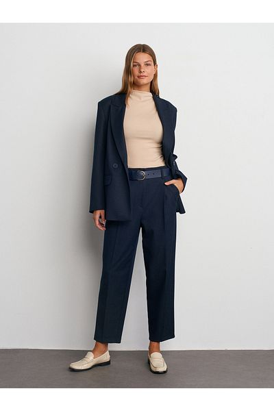 Dilvin 71570 Belted Carrot Fit Trousers-Navy Blue