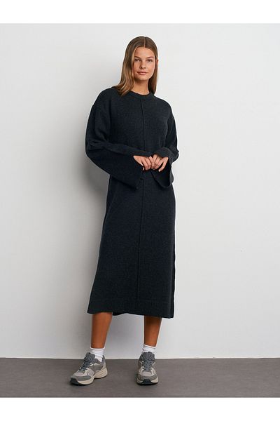 Dilvin 90236 Crew Neck Slit Stitching Detailed Knitwear Dress-Anthracite