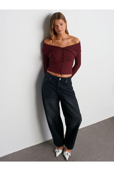 Dilvin 71732 Belted Back Balloon Denim Trousers-Black