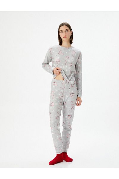 Koton Neujahrs-Pyjama-Set, langärmelig, Rundhalsausschnitt, schmales Bein