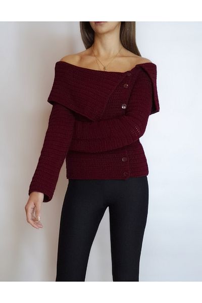 oyagüler Burgundy Carmen Madonna Collar - Asymmetrical Openwork Women's Cardigan Yy 101163