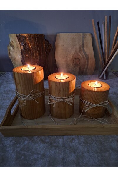 Magika Design MD Kayın Ağacından Yapılma 3'lü Mumluk Set, Dekoratif Ahşap Mum...
