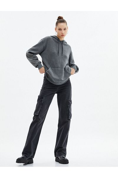 Koton Hooded Sweatshirt Raised Faded Effect Relaxed Cut Kangaroo Pocket