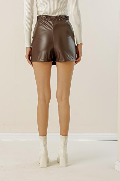 By Saygı Capped Leather Shorts Skirt with Elastic Waist