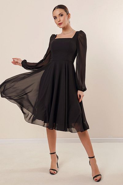 By Saygı Square Neck Waist Belt Lined Flared Chiffon Dress