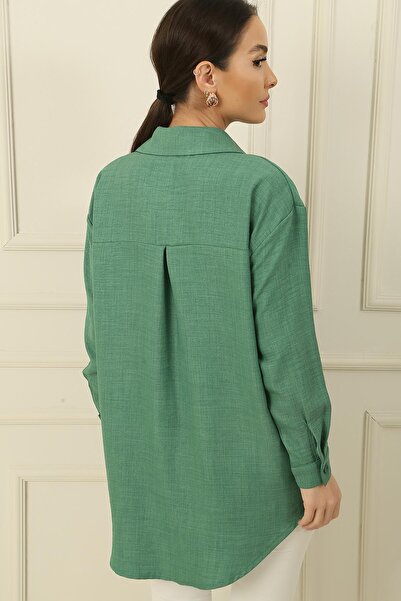 By Saygı Linen Effect Shirt with Pearl-Stone Detail