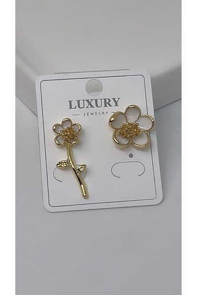 By Semra LUXURY Çiçek Model Gold Asimetrik Şık Modern Kadın Çelik Küpe