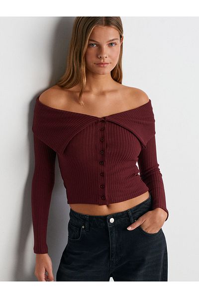 Dilvin 31269 Off-The-Shoulder Button Ball-Burgundy