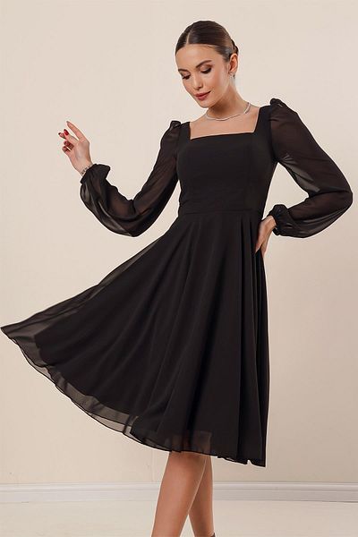 By Saygı Square Neck Waist Belt Lined Flared Chiffon Dress