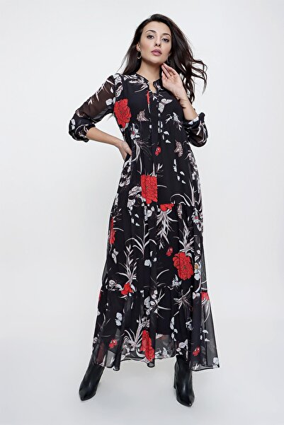 By Saygı Floral Print Lined Long Chiffon Dress with Tie Collar