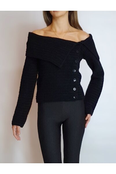 oyagüler KADIN SİYAH CARMEN MADONNA YAKA ASİMETRİK AJURLU TIĞ İŞİ HIRKA YY101163