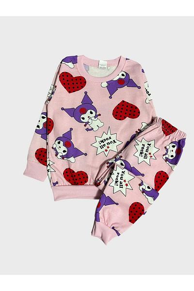 Fil Kids Girl's Cotton Raised Pink Kuromi Heart Print Long Sleeve Winter Pajamas Set