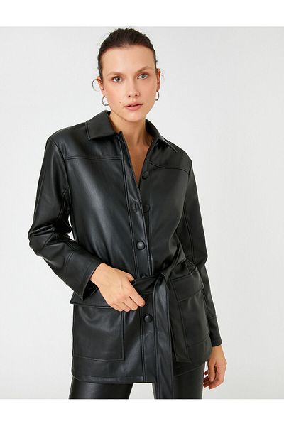 Koton Oversize košile z umělé kůže s límcem s páskem