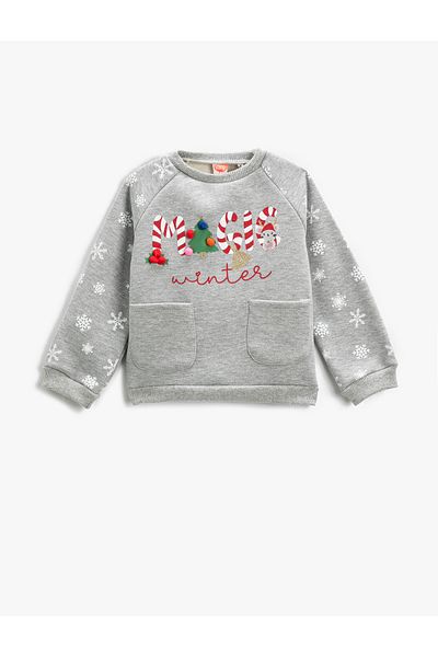 Koton New Year's Themed Sweat with Pocket Detail and Ribbon
