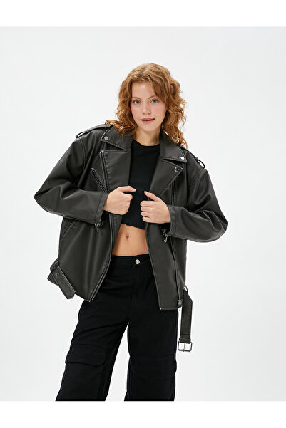Koton Байкерська куртка зі шкіри на блискавці Кишеня на блискавці Детальний пояс