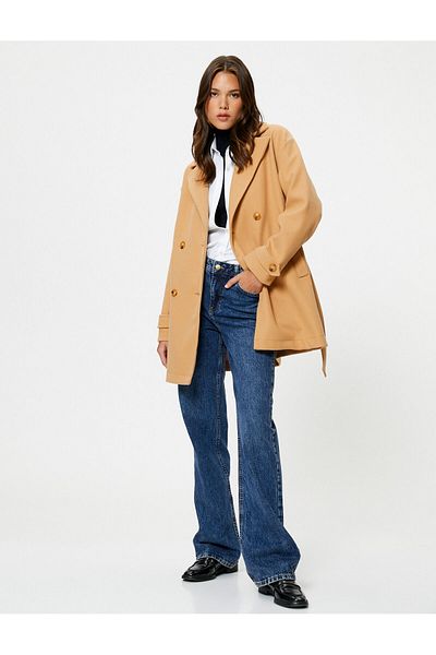 Koton Stash Coat ζωσμένη μέση με διπλό στήθος τσέπη με κουμπιά λεπτομερώς