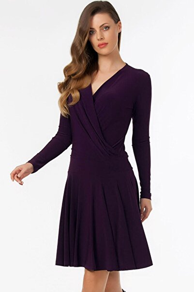 Vivika Kadın V Yaka Kruvaze Uzun Kollu Kloş Etekli Diz Üstü Likralı Elbise