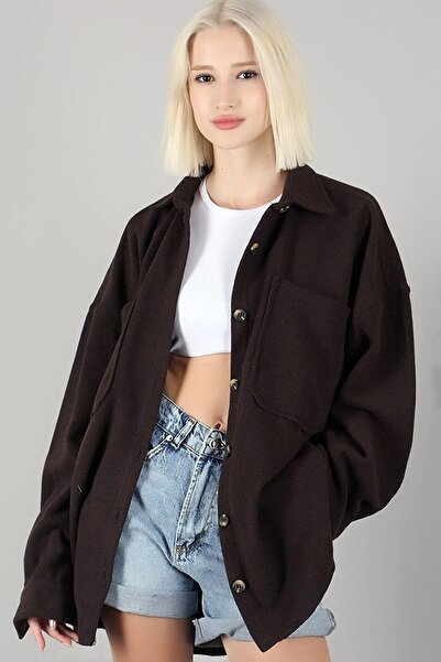 Vivika Kadın Uzun Kollu Cepli Düğmeli Oversize Kalın Ceket Gömlek