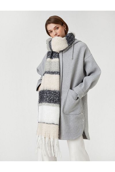 Koton Oversize Hooded Cashmere Coat with Pockets and Zipper