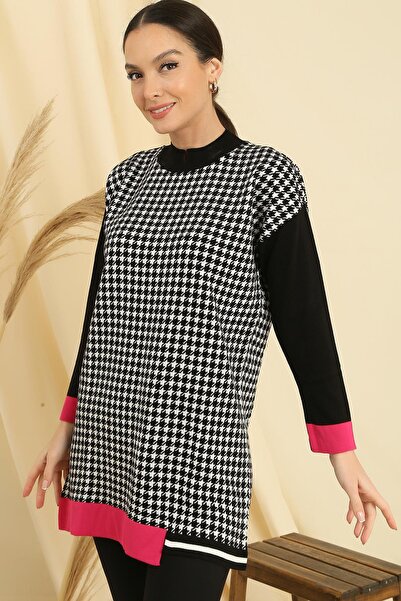 By Saygı Houndstooth Patterned Comfortable Fit Knitwear Tunic with Sleeve and Skirt End Stripe