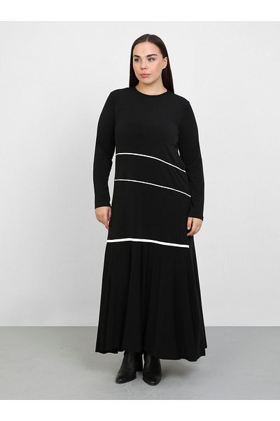 ALİA Πλεκτό Φόρεμα Plus Size με Λεπτομέρεια Piping - Μαύρο - Εκρού - Alia