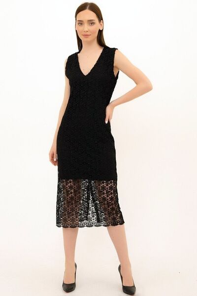 Vivika Kadın V Yaka Kalın Askılı Kolsuz Etek Altı Güpür Detaylı Diz Altı Triko Elbise