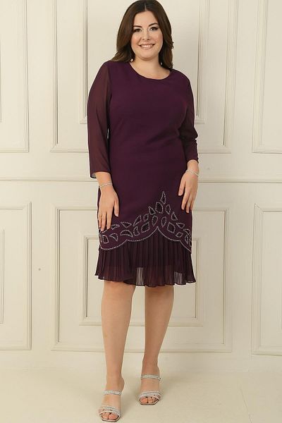 By Saygı Stone Detailed Chiffon Pleated Plus Size Crepe Dress