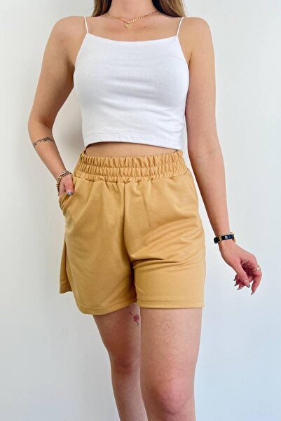 Mossta Hannah Elastic Waist Basic Combed Cotton Shorts Mink