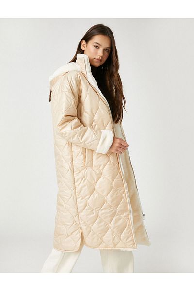 Koton Long Puffer Jacket with Plush Detail, Zipper, Hood and Pocket
