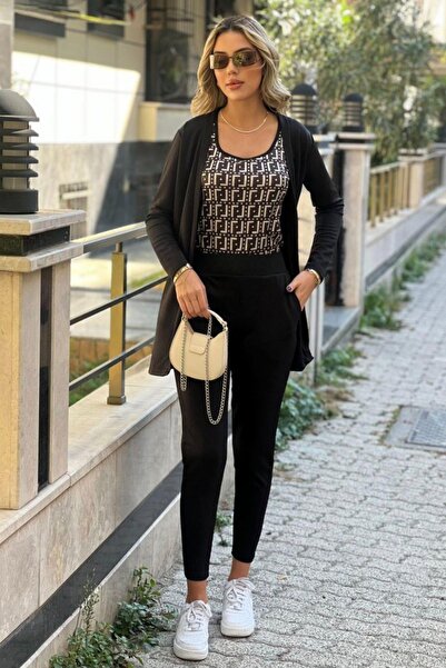 Mossta Set triplu cu mânecă lungă din crepon negru