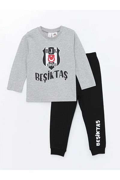 LC Waikiki Lcw Baby Gray Melange Crew Neck Crib Stone Printed Long Sleeve Baby Boy Pajamas Set