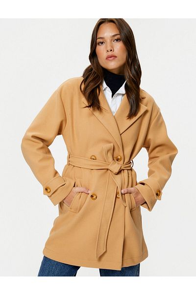 Koton Stash Coat ζωσμένη μέση με διπλό στήθος τσέπη με κουμπιά λεπτομερώς