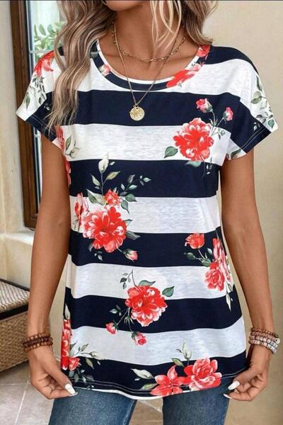 Mossta Синя футболка з принтом - Роза з смужками