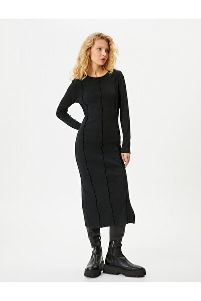 Koton Midi Kalem Elbise Yırtmaç Detaylı Uzun Kollu Bisiklet Yaka Nervürlü Kaşkorse