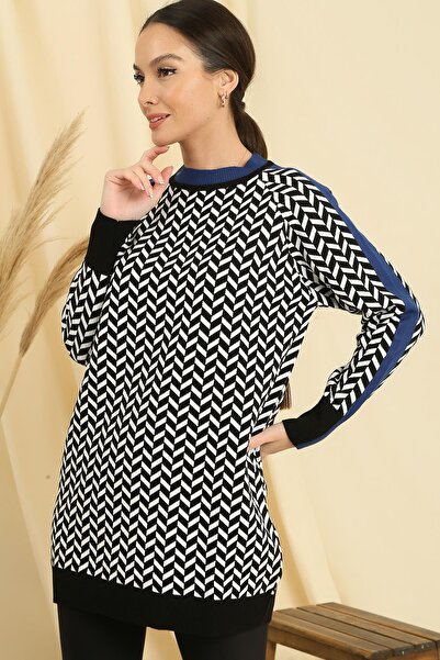 By Saygı Зигзагоподібний візерунок на комірі та рукавах, смугасті, зручний крій, трикотажна туніка
