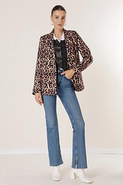 By Saygı Single Button Lined Leopard Pattern Comfortable Fit Jacket