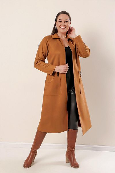 By Saygı Large Size Suede Coat with Stripe Shoulders and Zippered Front Pockets