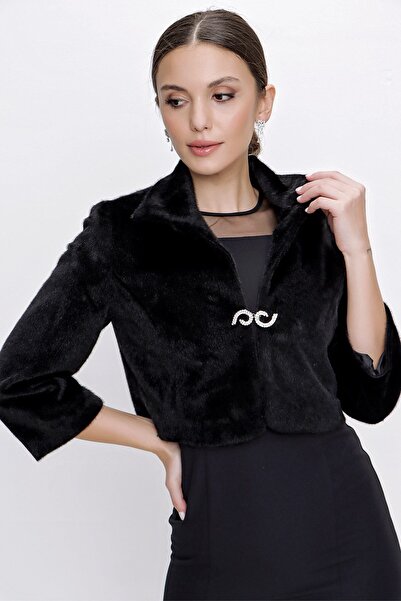 By Saygı Jachetă de blană Bolero din puf thailandez, căptușită în interior, cu detalii de piatră în față