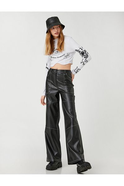 Koton Leather Look Trousers Wide Leg Stitching Detailed Pockets